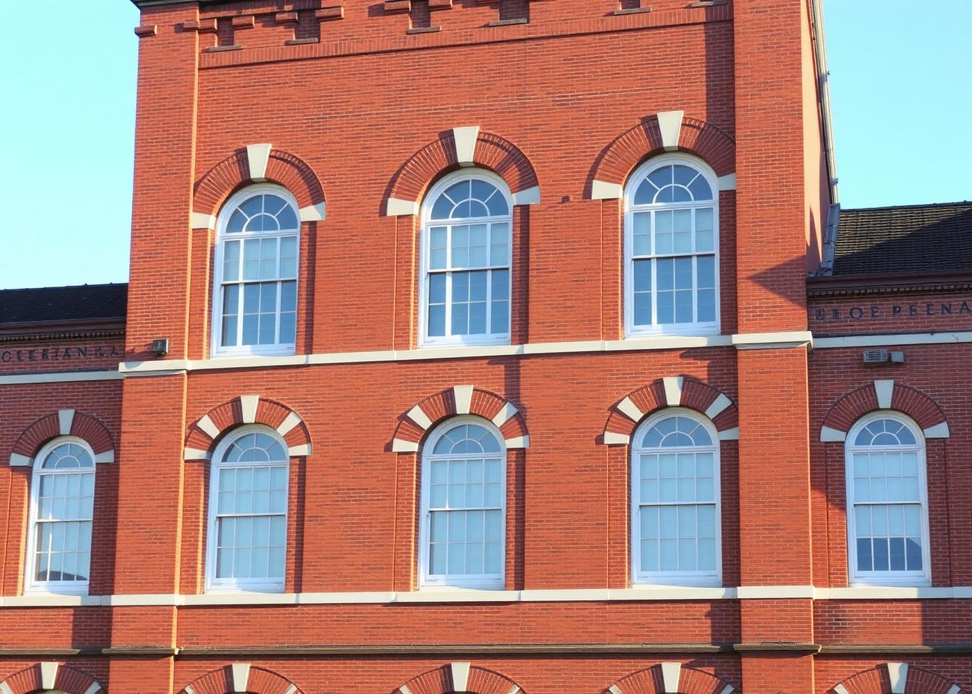 Restored red brick arsenal-era architecture with arched windows