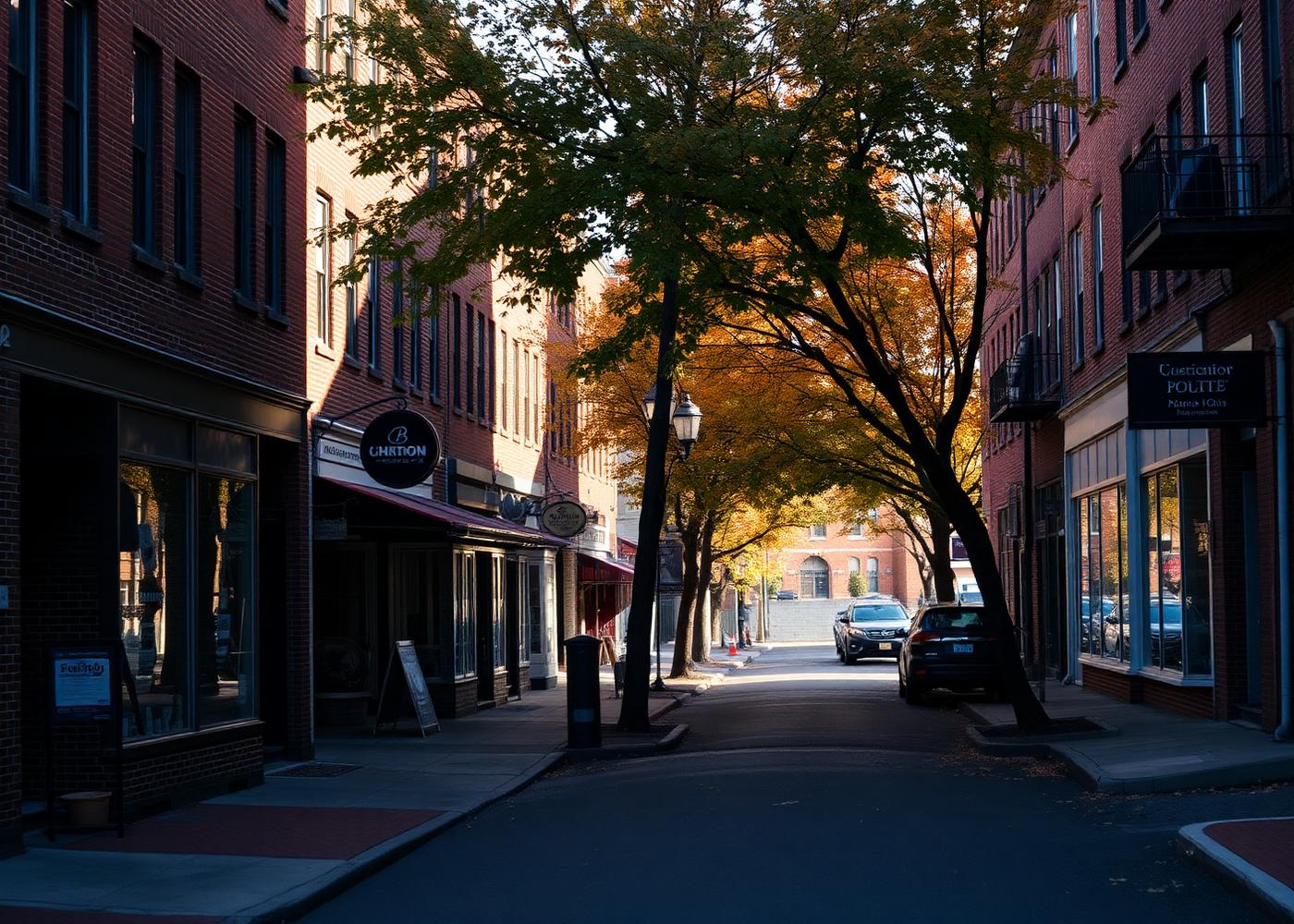 Greater Boston neighborhood street with brick storefronts in autumn